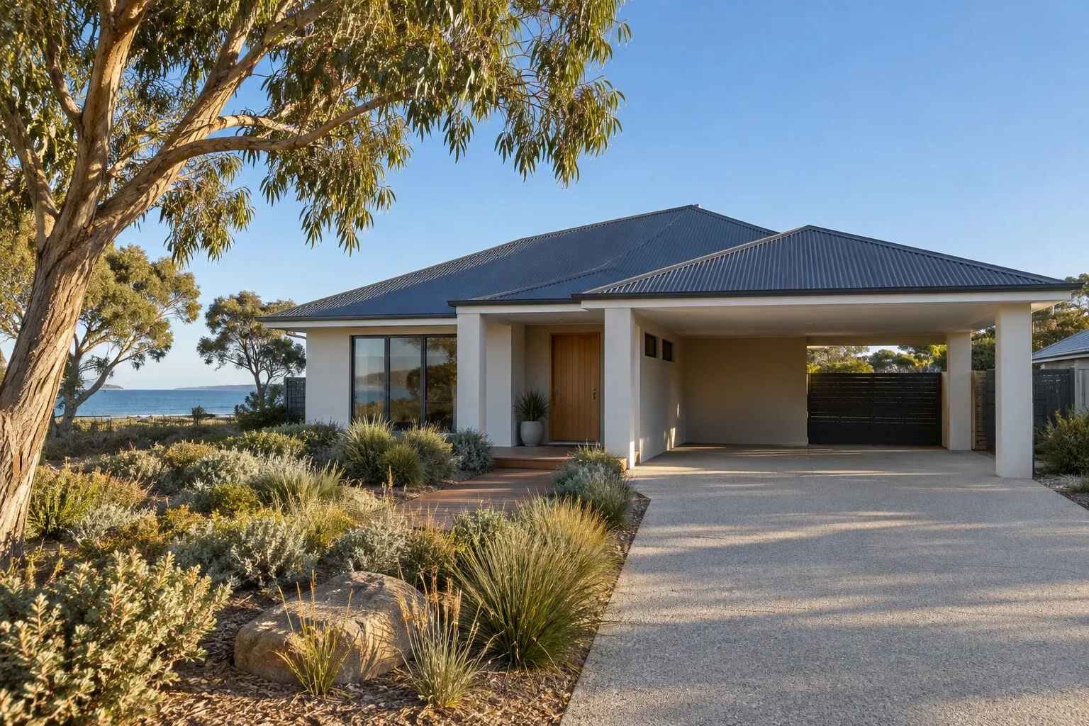 Single-storey coastal home with peppermint trees