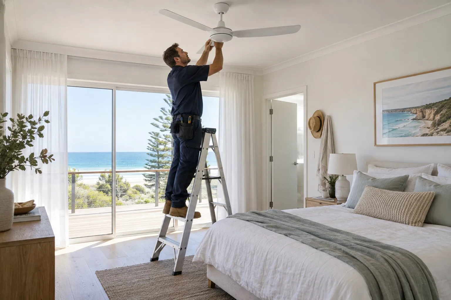 Electrician fitting a white ceiling fan in a bright coastal bedroom
