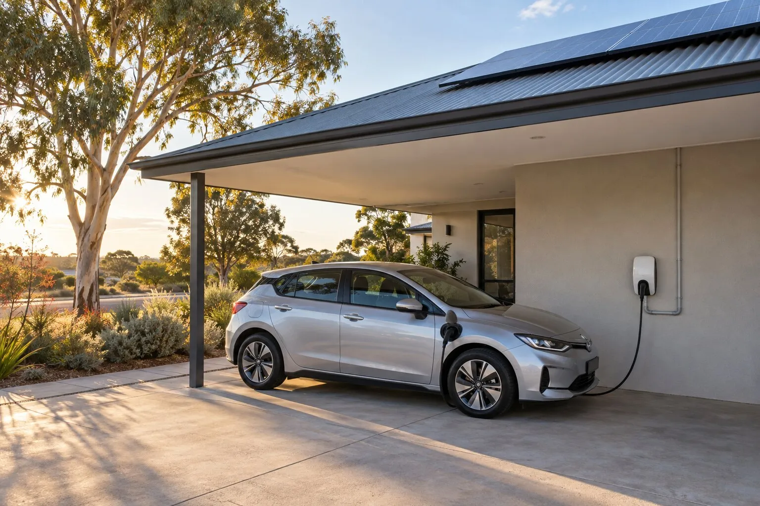 Wall-mounted home EV charger in a carport, plugged into an electric car