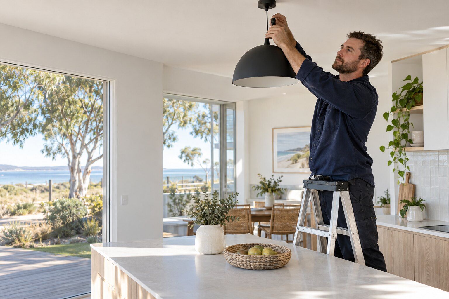 Electrician installing a pendant light above a kitchen island in a bright coastal home