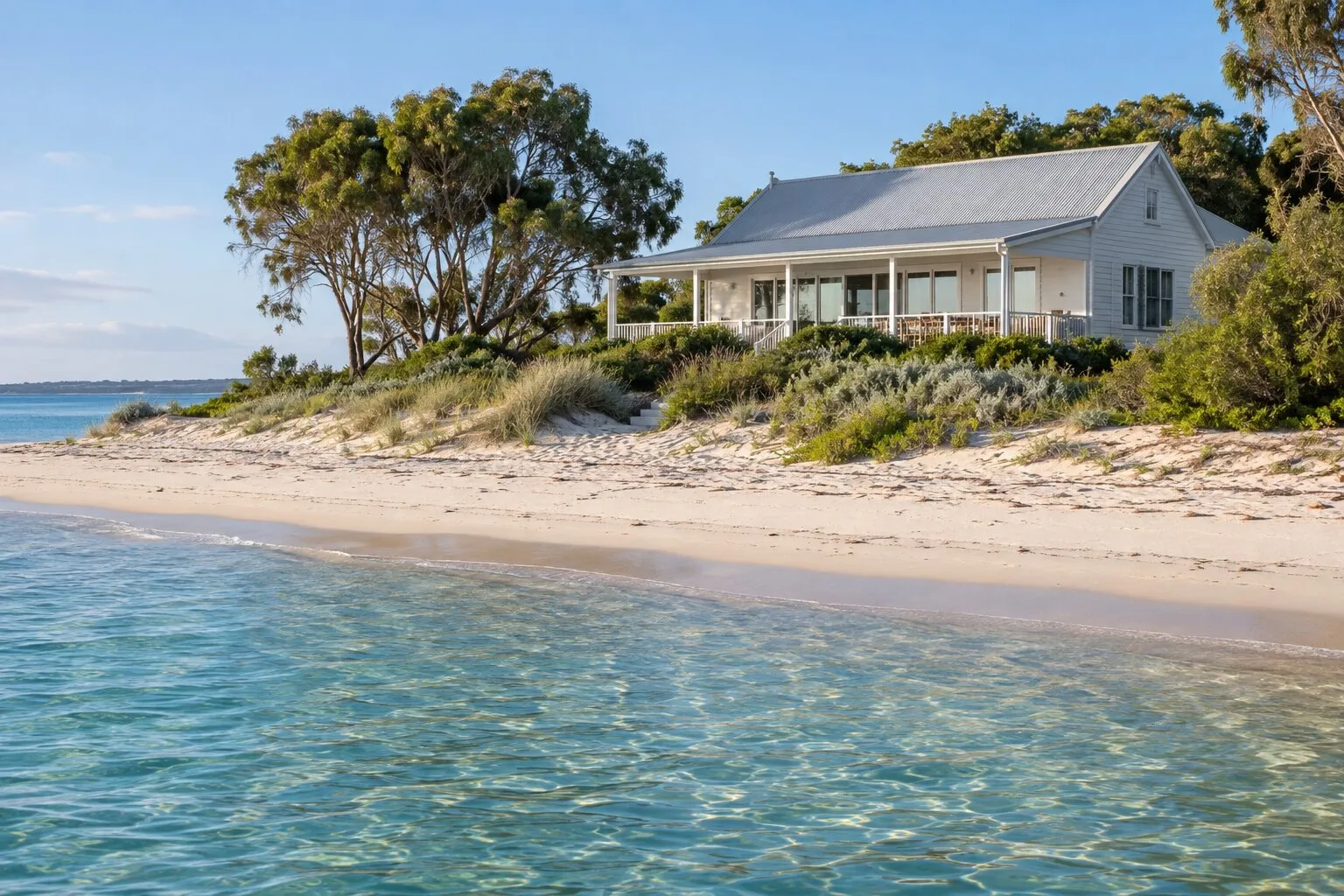 Weatherboard beach house behind low coastal dunes