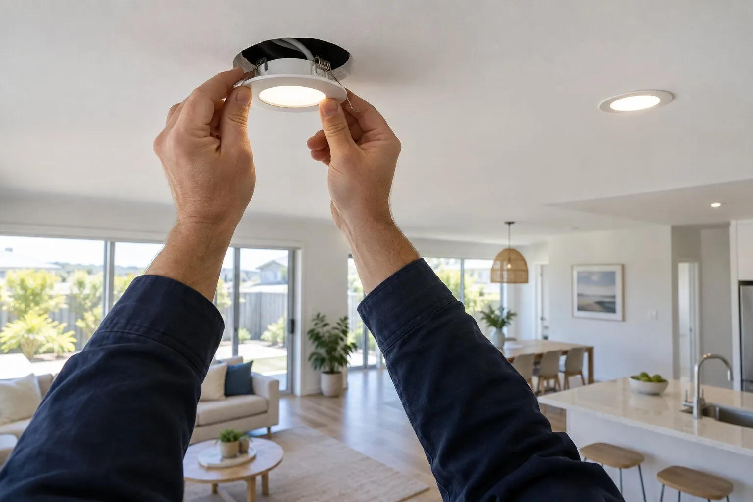 Electrician fitting an LED downlight into a living room ceiling
