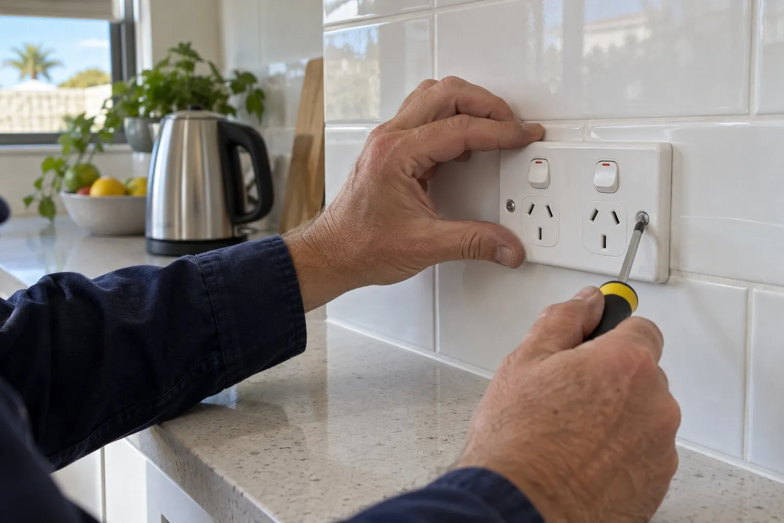 Electrician fitting a new double power point on a kitchen splashback