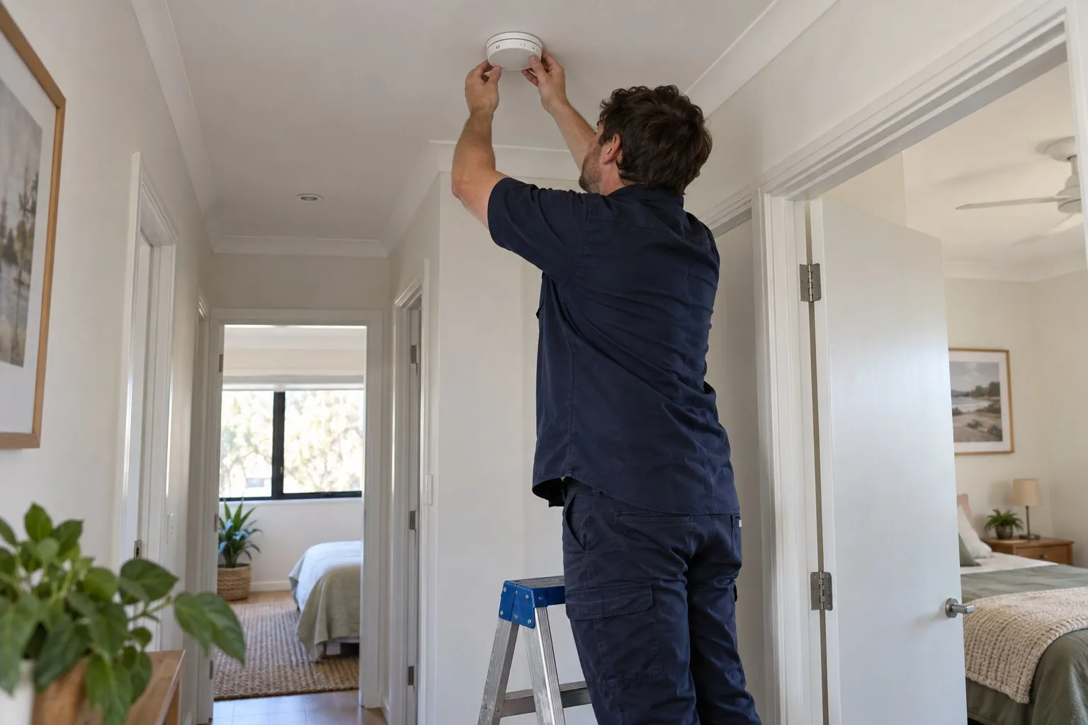 Electrician fitting a hard-wired smoke alarm to a hallway ceiling