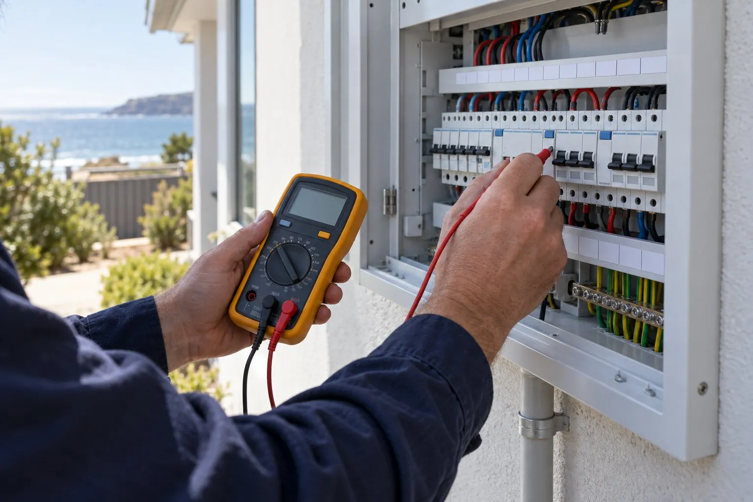 Electrician testing a new residential switchboard with a multimeter
